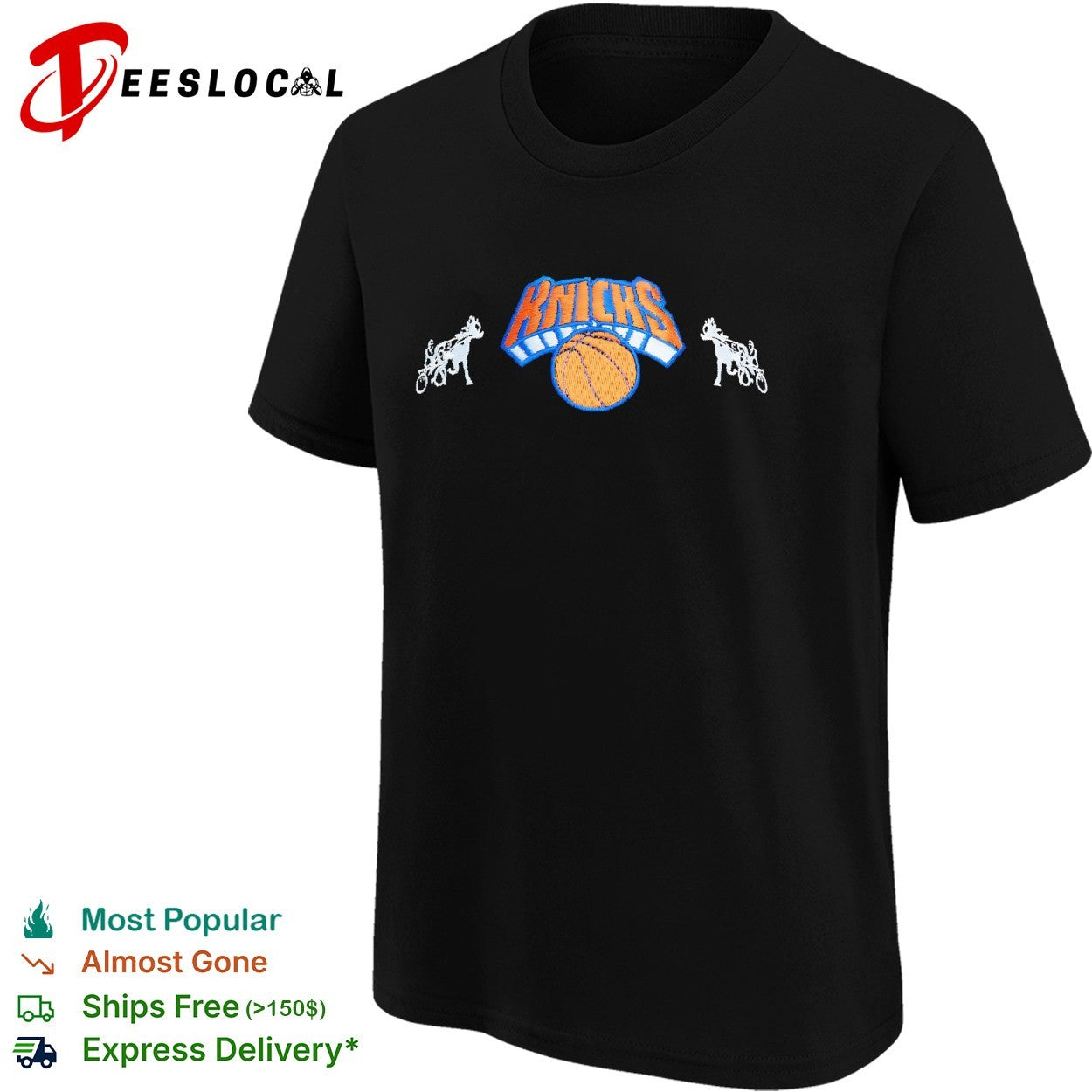 New York Knicks National Basketball Association champs mascot side prints established 1946 badge shirt