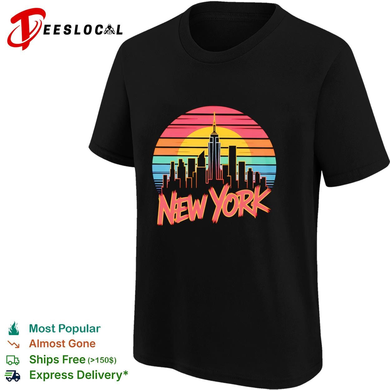 New York skyline city silhouette sunset retro color stripes lettering graphic shirt