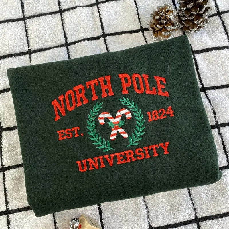 North Pole University Embroidered Sweatshirt - Candy Cane Christmas Sweatshirt - Christmas Embroidered Sweater