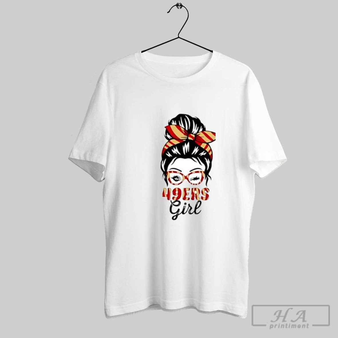 Official 49ers Girl Messy Bun Winking Eye San Francisco Football Fan Posters White - clothing by TeeHivey.com