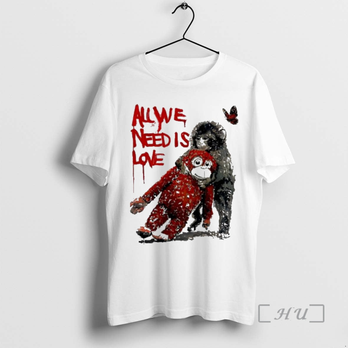 Officials All We Need Is Love Punch Monkey Hugging Red Doll Premium T Shirts Sweater