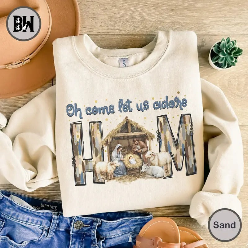 Oh Come Let Us Adore Him Sweatshirt, Nativity Scene Christmas Sweatshirt, Coquette Jesus Christmas Sweatshirt, Baby Jesus Shirt, Oh Holy Night Shirt, Hand Drawn