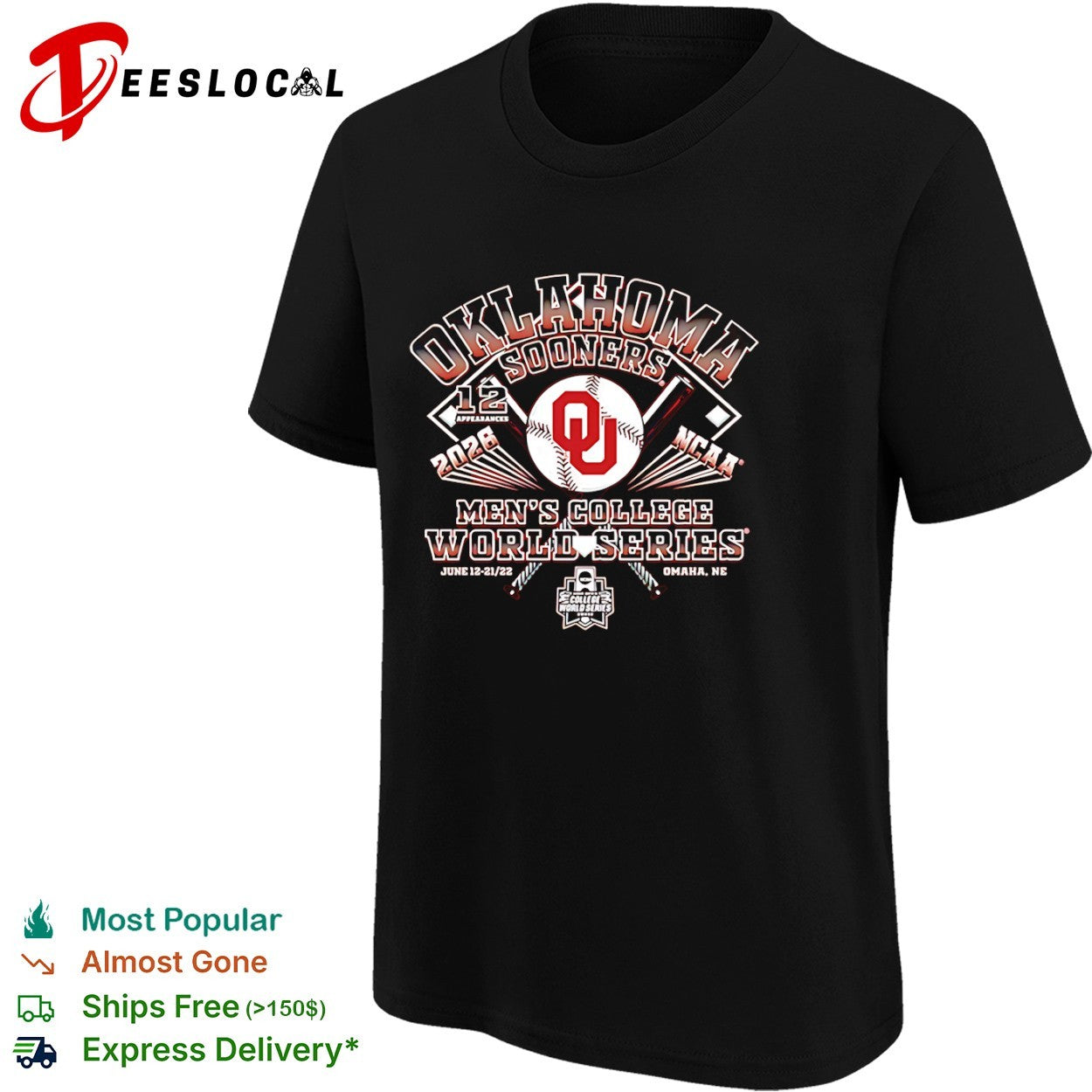 Oklahoma Sooners baseball bats 12 appearances 2026 NCAA Mens College World Series Omaha NE shirt