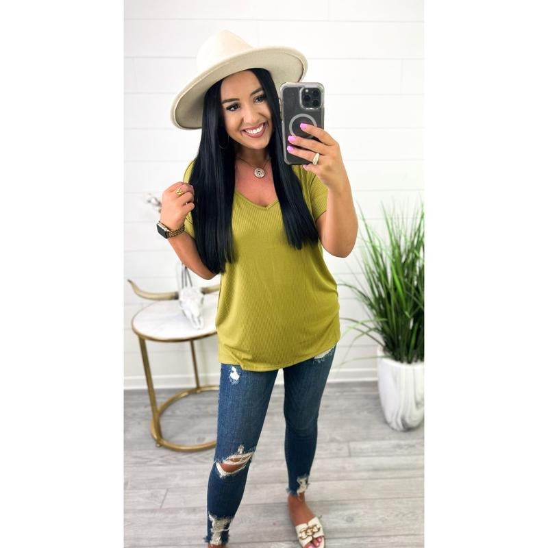 On The Go Ribbed V-Neck Top