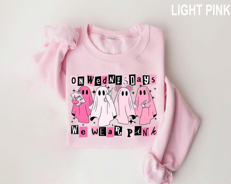 On Wednesday We Wear Pink Halloween Sweatshirt, Cute Pink Ghost T-Shirt, Mean Girls Halloween Tee, Boo Book Halloween Sweater