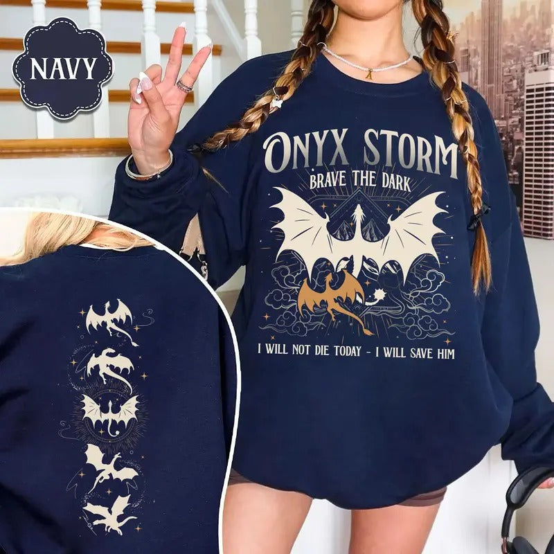 Onyx Storm Sweatshirt, Dragon Rider Shirt, Fourth Wing Hoodie, Basgiath War College Sweatshirt, Fantasy Readers Shirt, Brave The Dark Sweatshirt