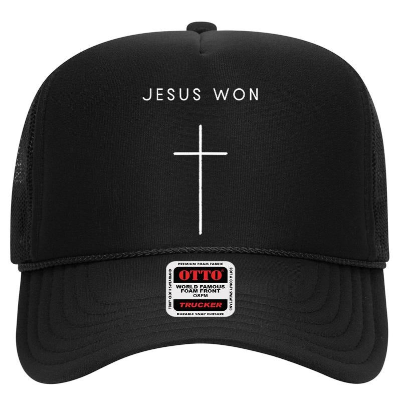 Otto World Famous Trucker Hat Jesus Won Minimalist Christian Cross Design High Crown Mesh Snapback Religious Streetwear
