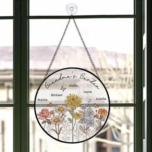 Personalized Grandkids' Names Birth Month Flower Stained Glass Window Hanging Suncatcher, Grandma's Garden, Mother's Day Gift For Mom Grandma