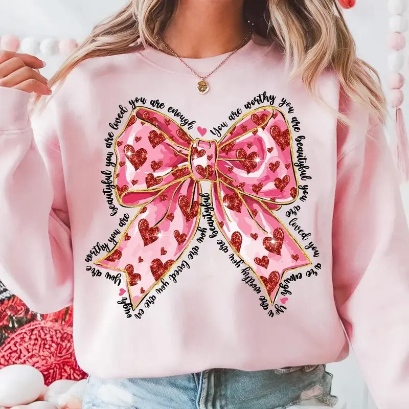 Pink Coquette Heart Valentine's Day Shirt, You Are Loved Glitter Crewneck, Brushstroke Valentine Bow Sweatshirt, God Valentine Sweater