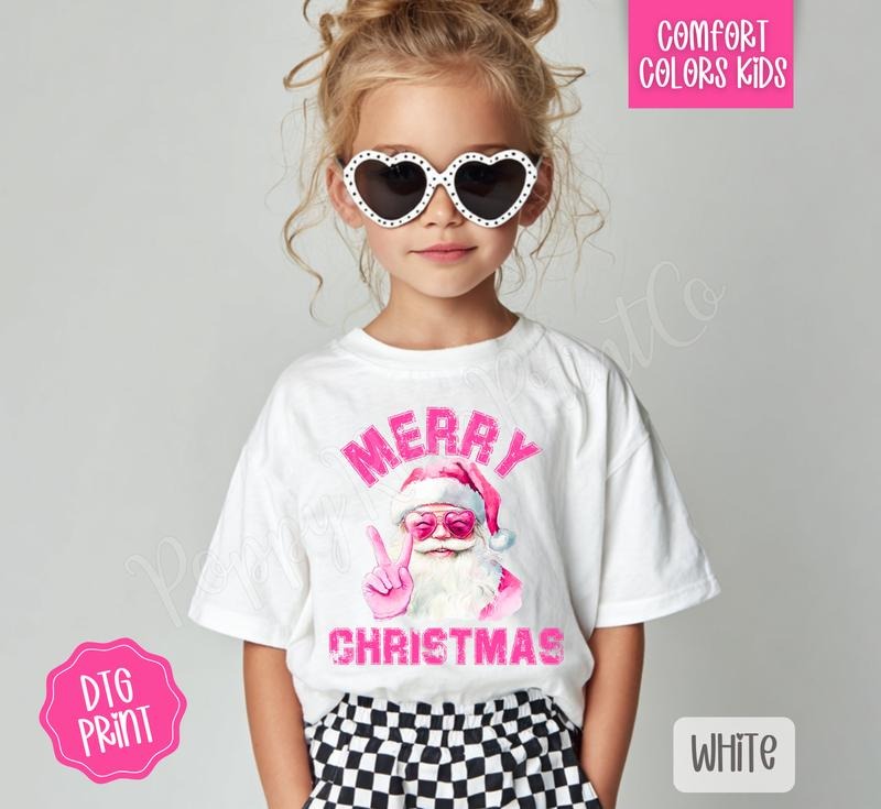 Pink Merry Christmas Santa Youth Comfort Colors Tshirt, Holiday Tee for Kids