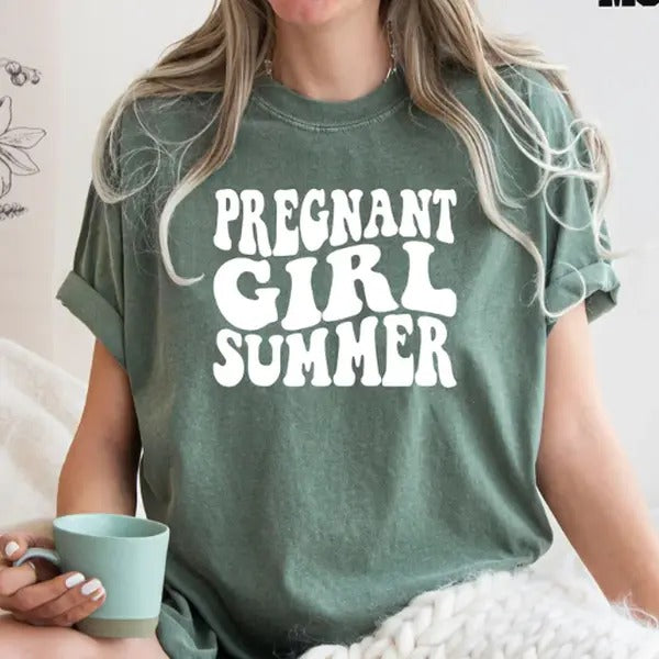 Pregnant Girl Summer Comfort Color Shirt, Pregnant Shirt, Baby Announcement Tee, Gift for New Mom, Mom To Be Shirt