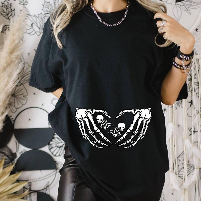 Pregnant Twins Skeleton Shirt, Twins Skeleton Baby Halloween Maternity Shirt, Pregnancy Mom Gift Maternity Shirt With Twins Baby Skeleton