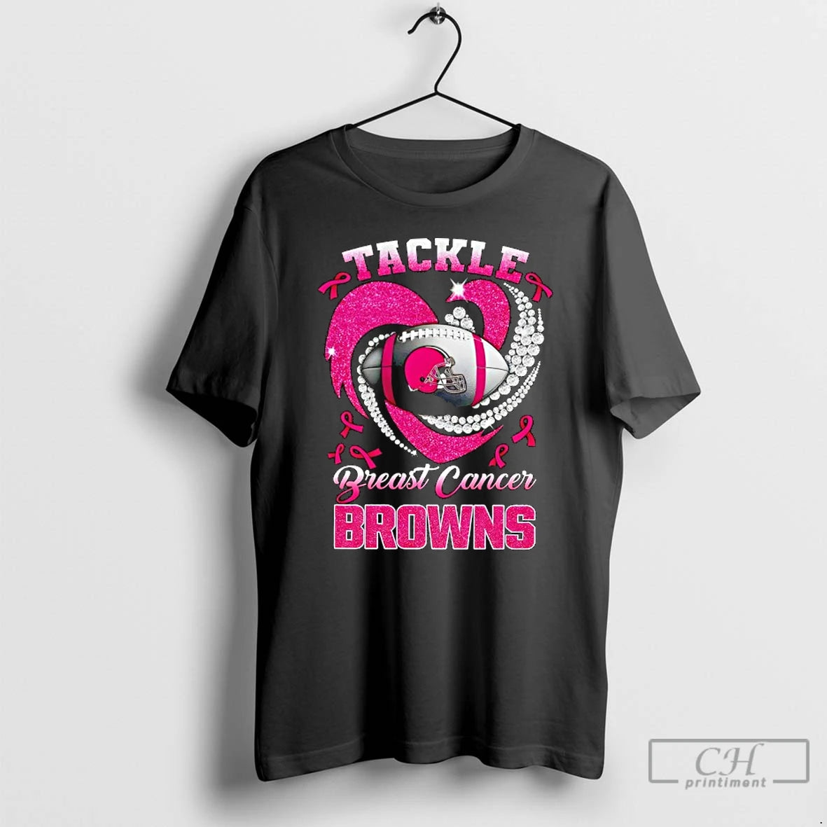 Premium Cleveland Browns Breast Cancer Awareness Tackle Heart T Shirts - clothing by TeeHivey.com