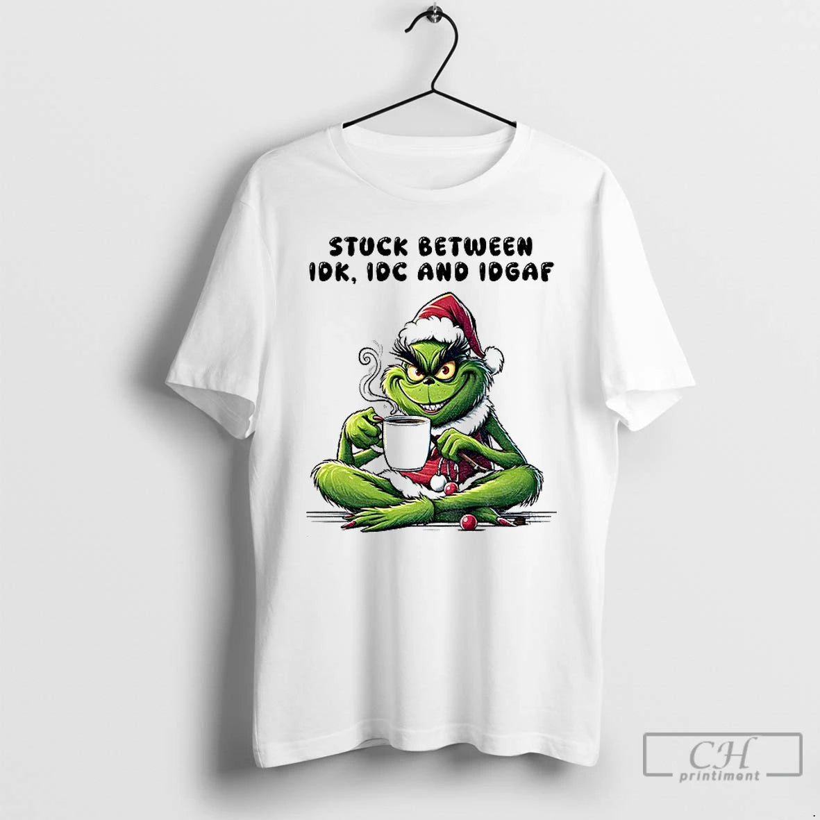 Premium Grinch Santa Hat Stuck Between Idk Idc And Idgaf Christmas T Shirts - clothing by TeeHivey.com