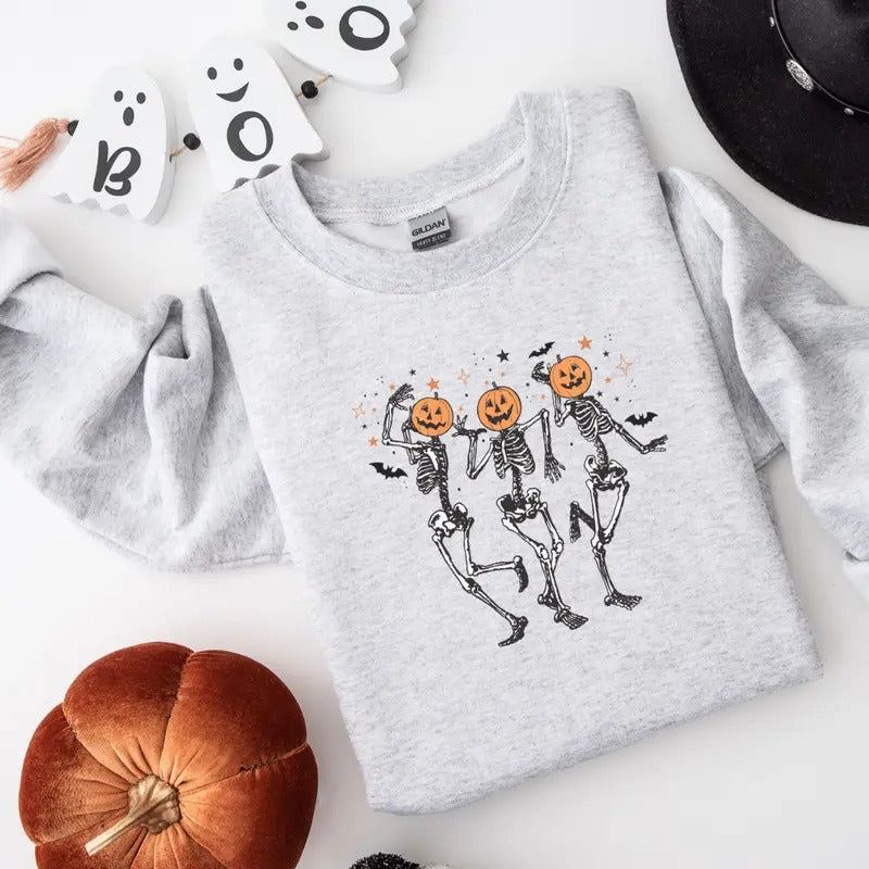 Pumpkin Skeletons Halloween Sweatshirt, Halloween Dancing Skeletons Shirt , Halloween Skeletons Tee, Halloween Witches T-shirt, Cute Halloween Sweatshirt, Full Color Print