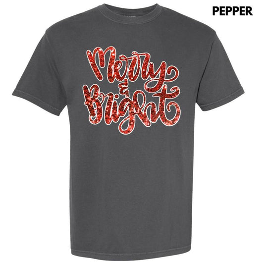 Red Merry & Bright Faux Sequin Comfort Colors T-Shirt