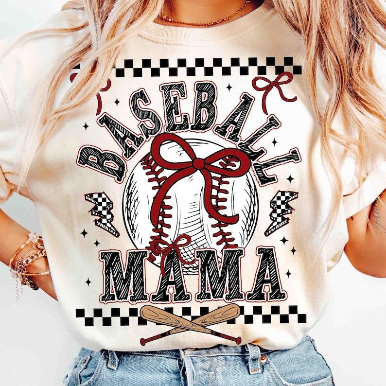 Retro Baseball Mama Tshirt Checkered, Baseball Mama Shirt, Baseball Coquette Bow Tee, Retro Mama T-Shirt Top Womenswear