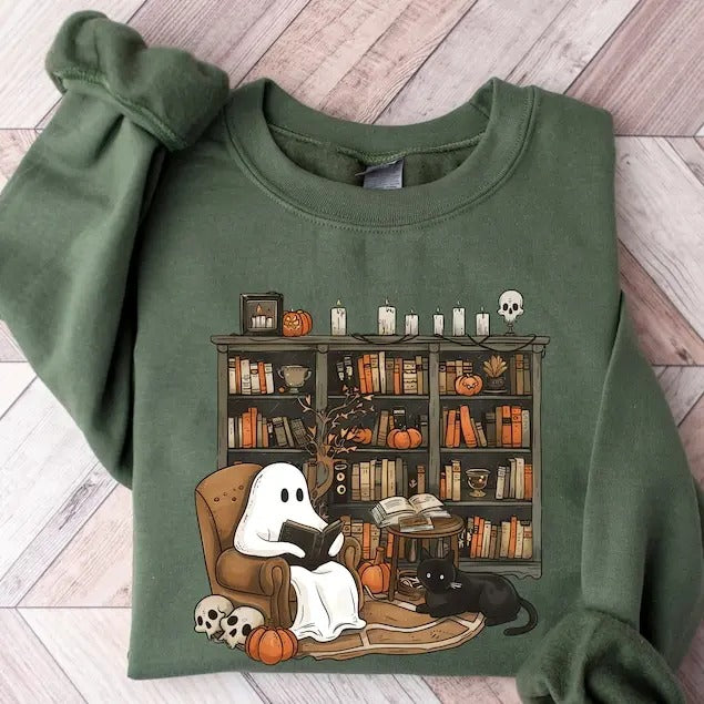 Retro Ghost Reading Books Sweatshirt, Librarian Ghost Halloween, Halloween Teacher Sweatshirt, Halloween Shirt, Teacher Gift, Boo School style 02