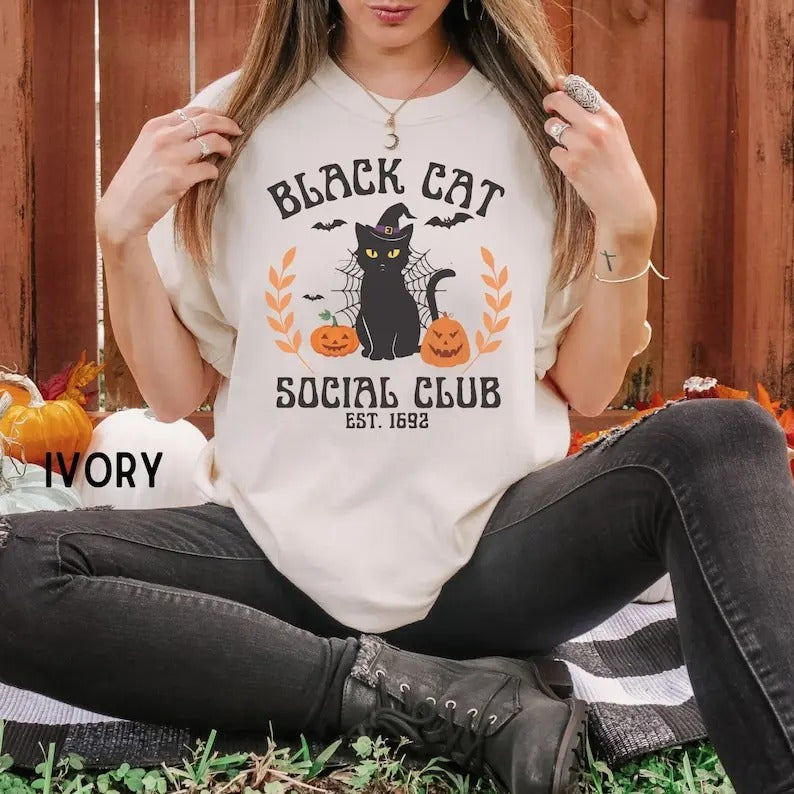 Retro Halloween cat tshirt, Black cat social club, Vintage Fall clothing, Spooky season shirt, Women pumpkin season crewneck, Cat lover gift