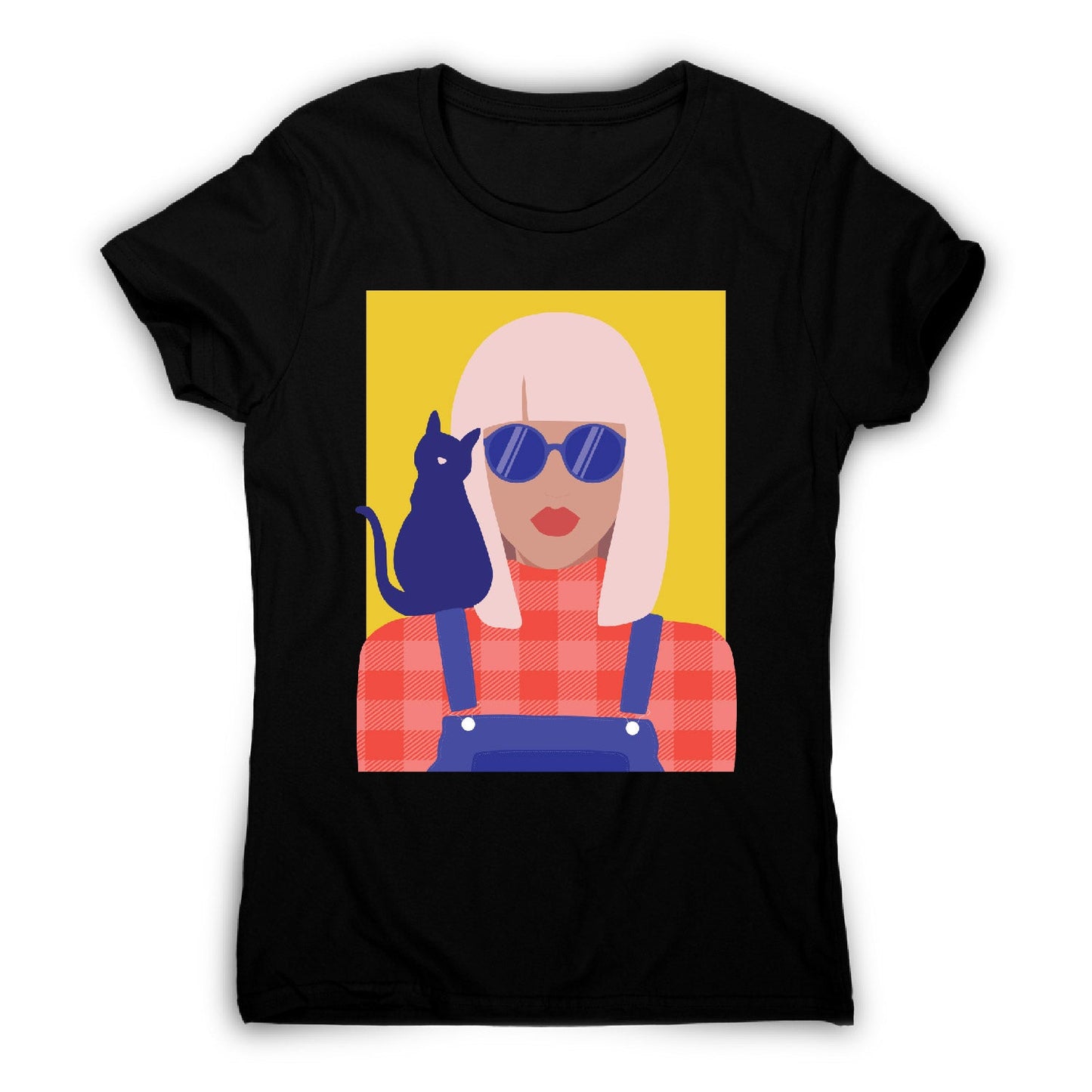 Stylish girl with cat - illustration graphic women's t-shirt