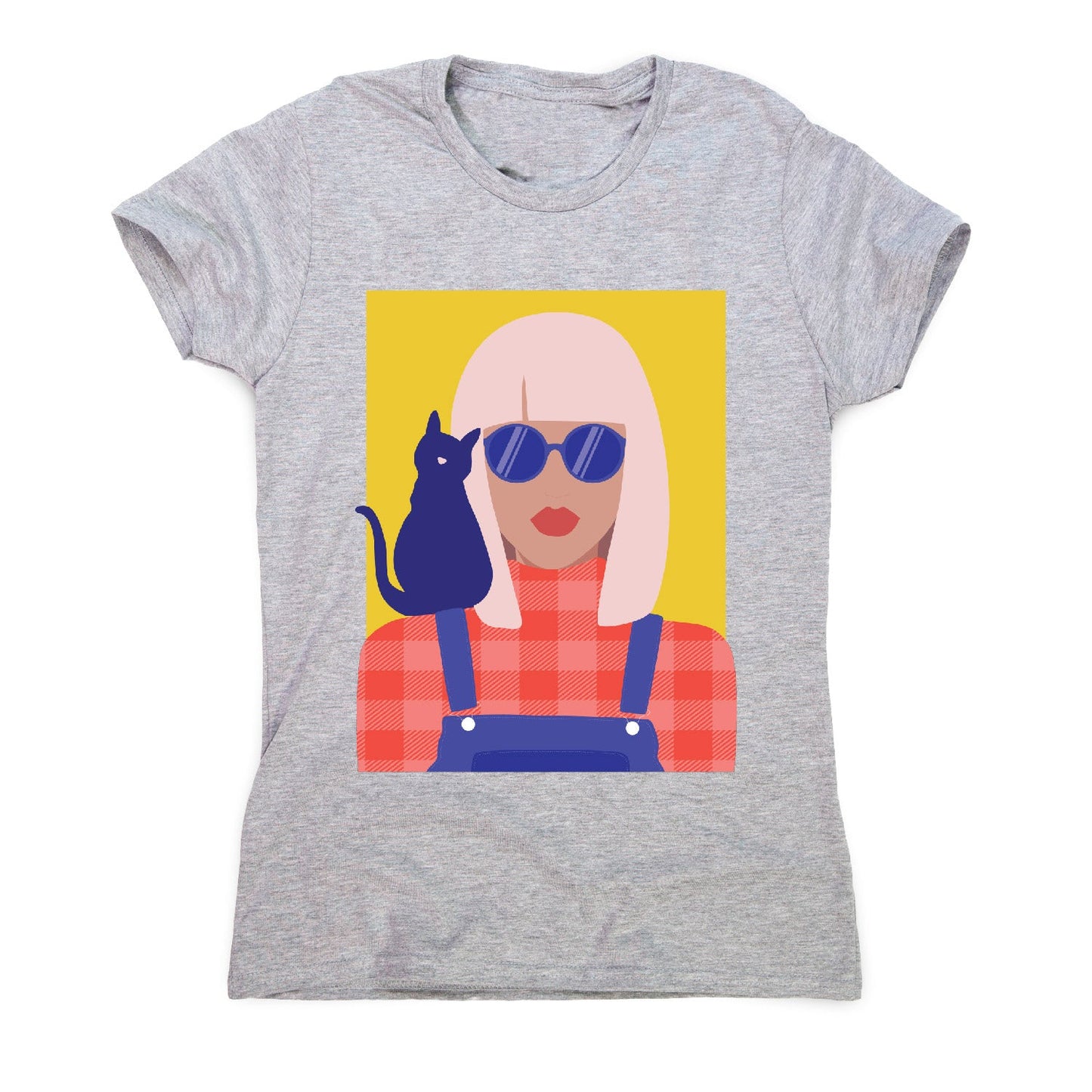 Stylish girl with cat - illustration graphic women's t-shirt