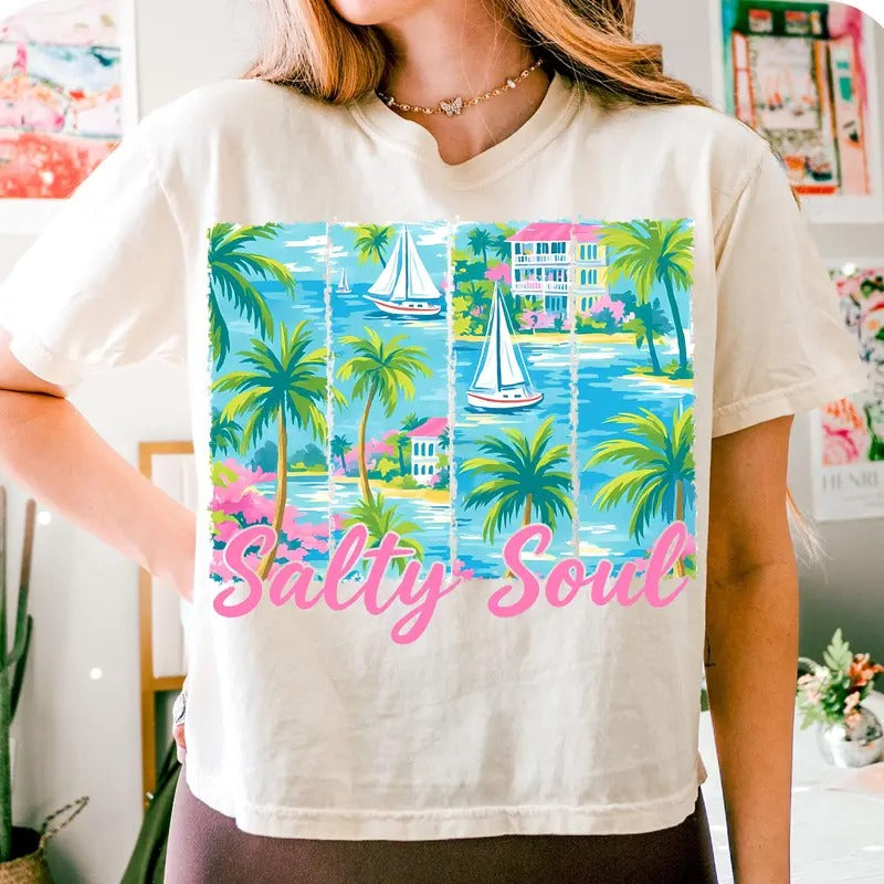 Salty Soul Shirt for Women Preppy Pink Beach Vibes Funny Summer Aesthetic Unisex Premium 100% Cotton