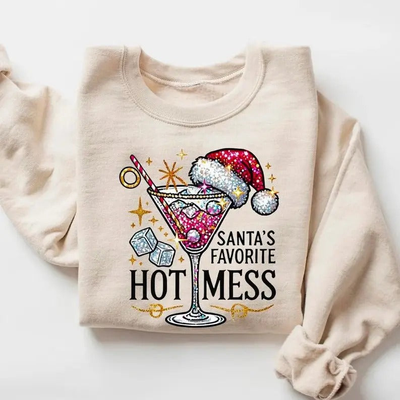 Santa's Hot Mess Sweatshirt, Christmas Martini Shirt, Christmas Drink Sweatshirt, Christmas Party Sweatshirt, Christmas Sweater For Women, Christmas Party Shirt