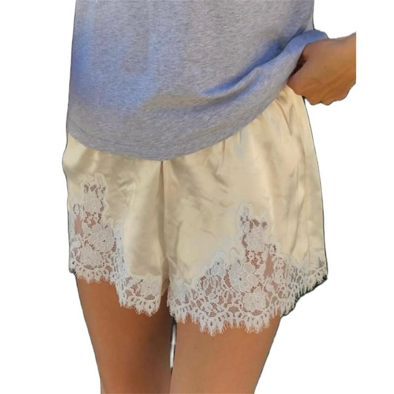 Satin Silk Shorts for Women Y2K Low Rise Lace Trim Micro Mini Shorts Cute Coquette Lounge Pajama Half Slip Bottoms Loungewear Summer Casual Pants Nightwear Womenswear Homewear Trouser Pjs boxer shorts lace patchwork shorts satin loose shorts streetwear