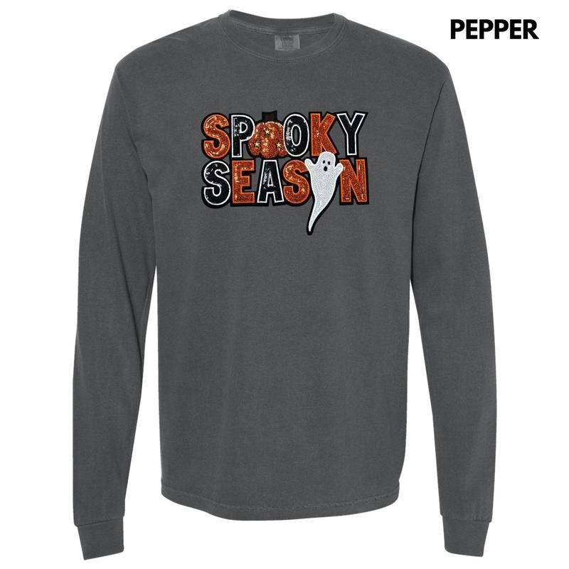 Sequin Spooky Season Patch Long Sleeve Comfort Colors T-Shirt