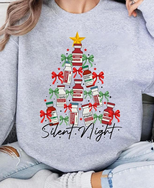 Silent Night Nurse Christmas Sweatshirt and T-Shirt, Preppy Medical Christmas Tee, Cute ICU Nurse Holiday Shirt, Festive Xmas Tree Nurse Gift Top