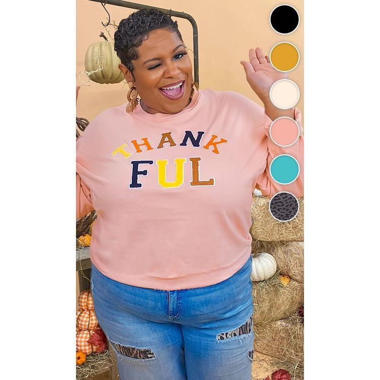 Soft Ideal Chenille Thankful Graphic Boyfriend Long Sleeve T-Shirt