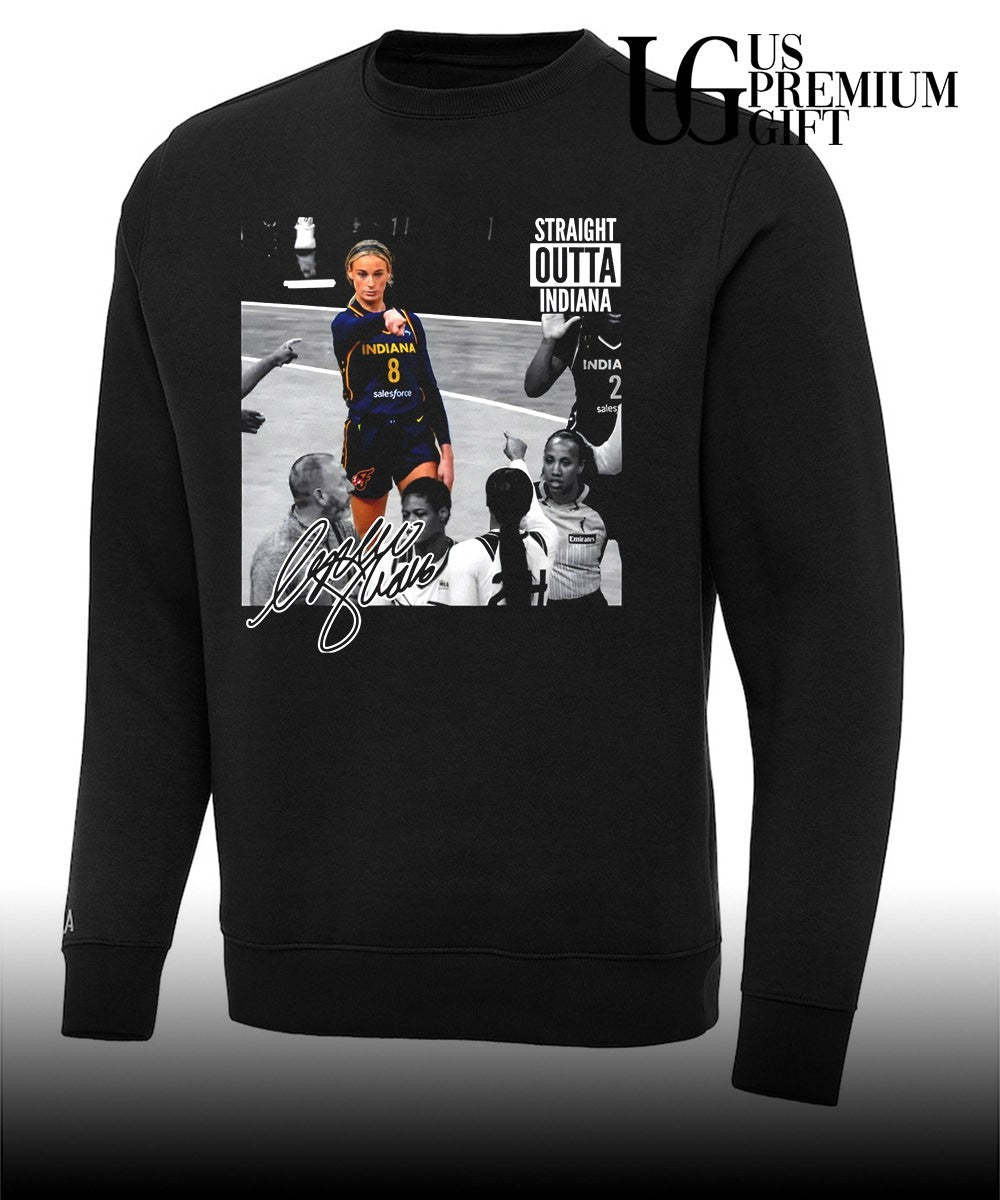 Sophie Cunningham Indiana Fever Straight Outta Indiana pointing meme signature shirt