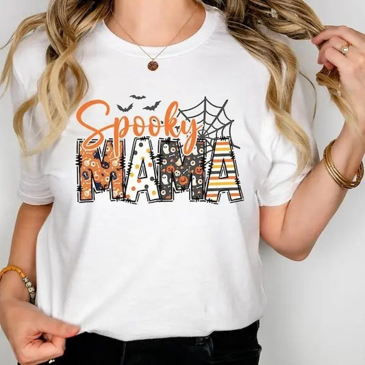 Spooky Mama T-Shirt, Retro Halloween Shirt For Mother, Halloween Mom Shirt Gift, Halloween Mama T-shirt, Spooky Season, Retro Shirt, Cute Mom Shirt, Full Color T-Shirt, Unisex T-Shirt, Gift For All Comfort Cotton Top Womenswear