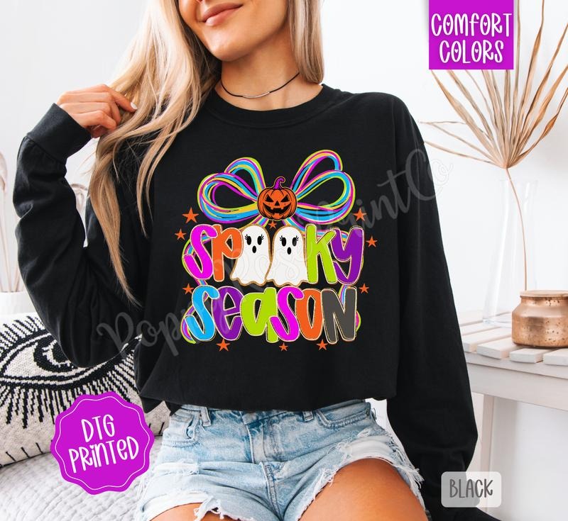 Spooky Season Comfort Colors Long Sleeve T-Shirt, Cute Women's Halloween Tee