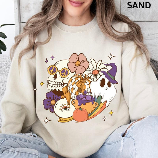 Spooky Season Cotton Sweatshirt, Oversized Casual Spooky Season Crewneck, Retro Halloween Graphic Design, Skeleton Witch Pumpkins