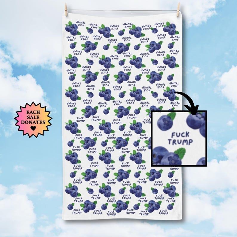 Subtle F*ck Trump Hand Towel, Funny Political Home Decor, Blueberries Kitchen Towel, Blueberry Home Decor, Liberal Gag Gift, FDT Bath Towel