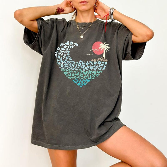 Summer Wave, Heart, Sunset, Beach Vibes, Hot Girl Summer, Vacation, Tshirt, Women's Comfort Color Tee, Tshirt