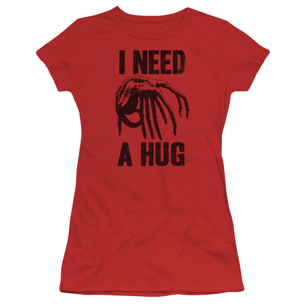 Alien Need A Hug Junior Sheer Cap Sleeve Womens T Shirt Red