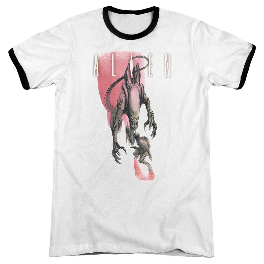 Alien Face Off Heather Ringer Mens T Shirt White Black