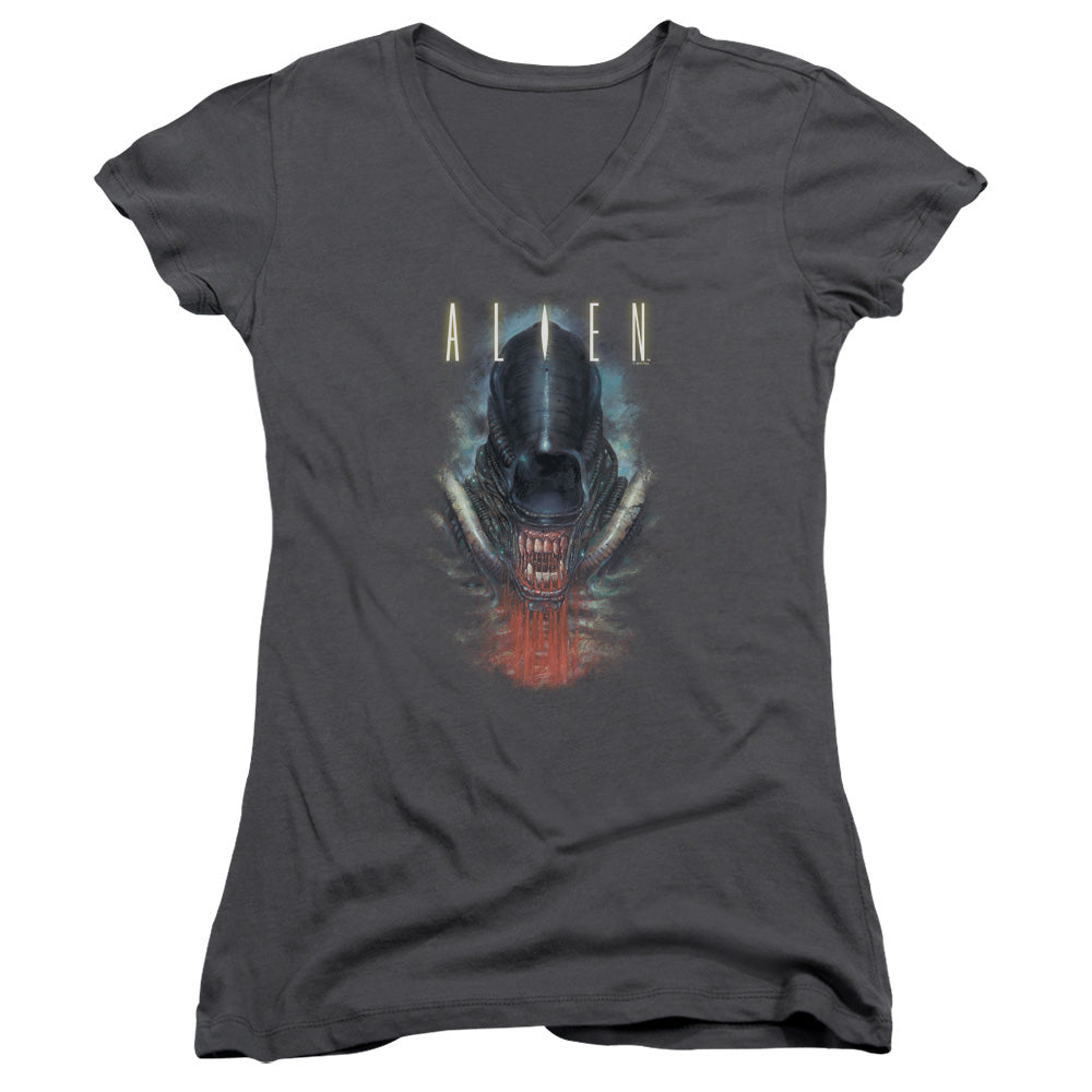 Alien Bloody Jaw Junior Sheer Cap Sleeve V-Neck Womens T Shirt Charcoal