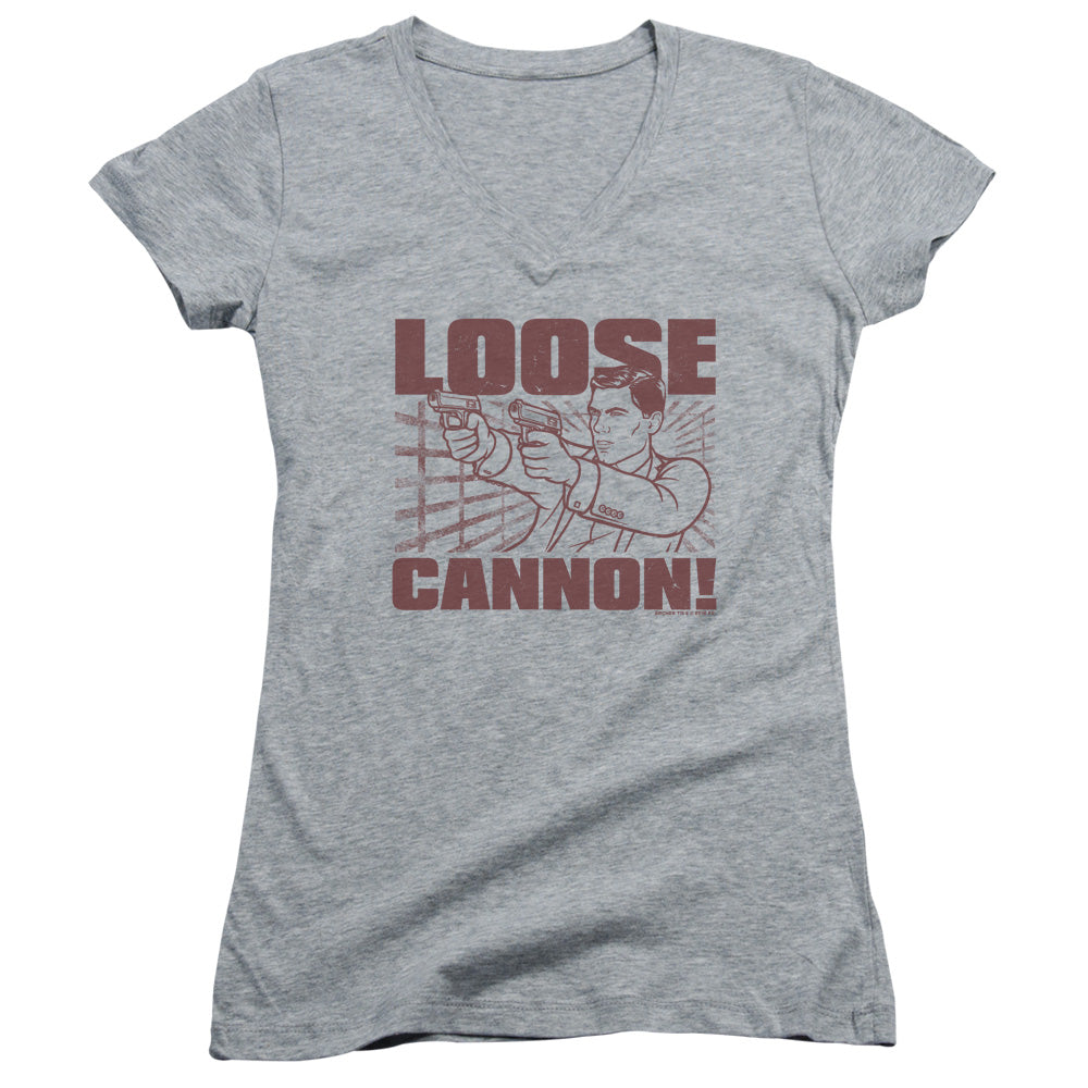 Archer Loose Cannon Junior Sheer Cap Sleeve V-Neck Womens T Shirt Athletic Heather - clothing by TeeHivey.com