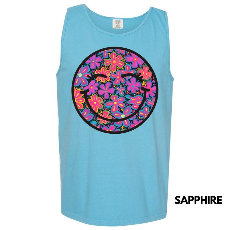 Tank Top - Vivid Neon Floral Happy Face Comfort Colors Tank Top 'NLB'