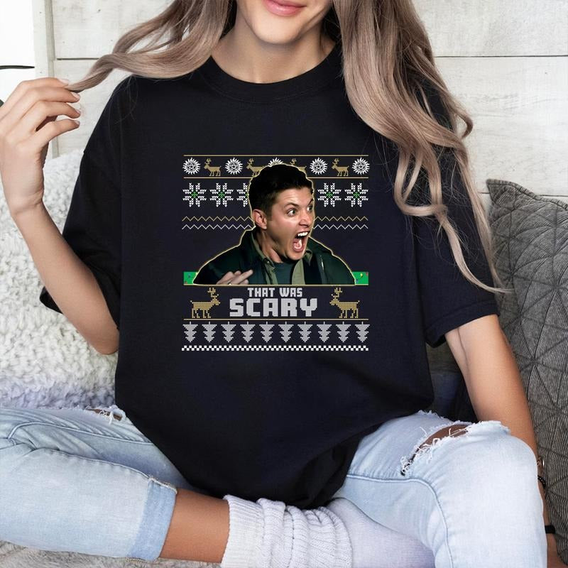 That Was Scary Christmas T Shirt ,Dean Winchester Supernatural That Was Scary Funny Vintage Retro T-Shirt, Retro Gift Tee For You And Your Friends