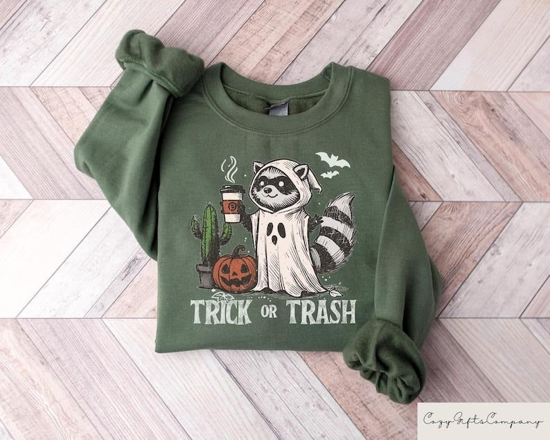 Trick Or Trash Sweatshirt, Ghost Raccoon Drinking Coffee Tshirt, Spooky Season Raccoon Tee, Halloween Raccoon Tshirt, Halloween Pumpkin Gift T-shirt, sweater and Hoodie