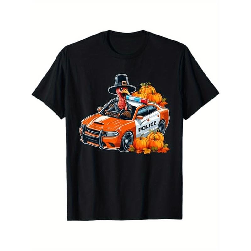 Turkey Driving Police Car Thanksgiving Driver Fall Pumpkins, 100% Cotton, Halloween Thanksgiving Christmas Gifts for Men Women Friends Family, S-XXXL, Black made in usa