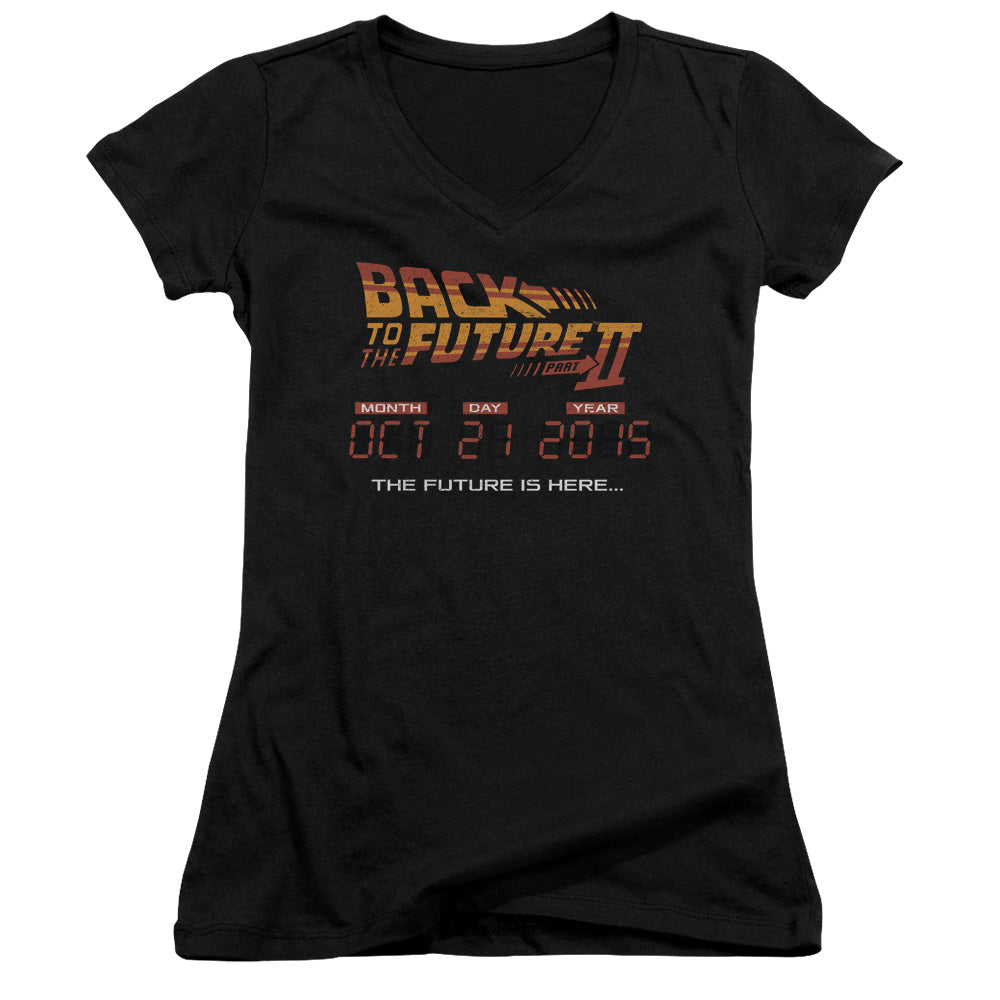 Back To The Future II Future Is Here Junior Sheer Cap Sleeve V-Neck Womens T Shirt Black - clothing by TeeHivey.com