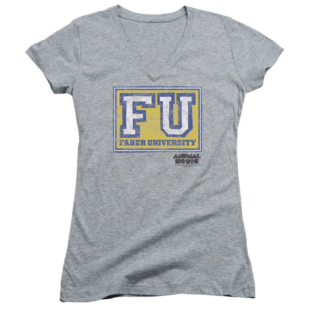 Animal House Faber University Junior Sheer Cap Sleeve V-Neck Womens T Shirt Athletic Heather - clothing by TeeHivey.com