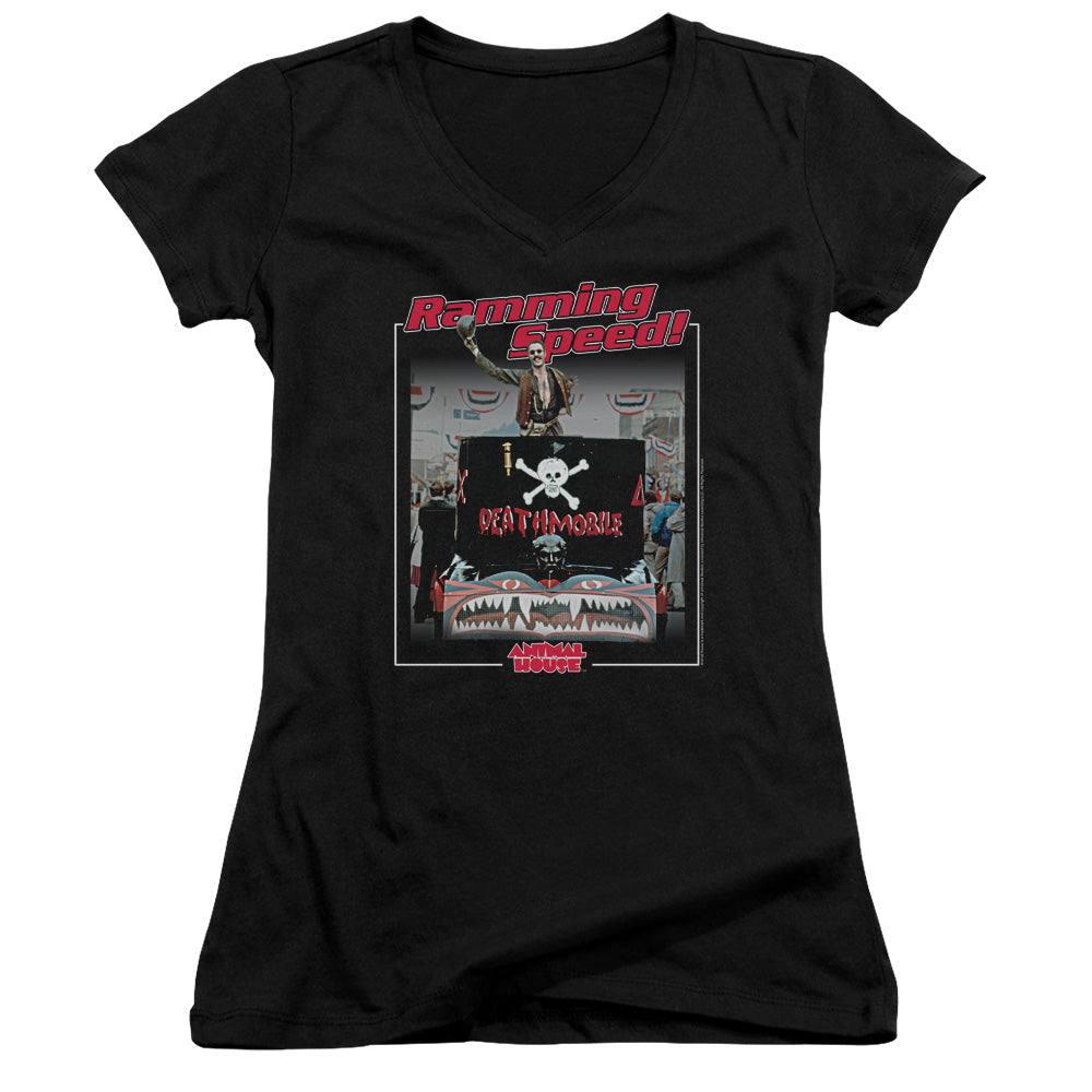 Animal House Ramming Speed Junior Sheer Cap Sleeve V-Neck Womens T Shirt Black - clothing by TeeHivey.com