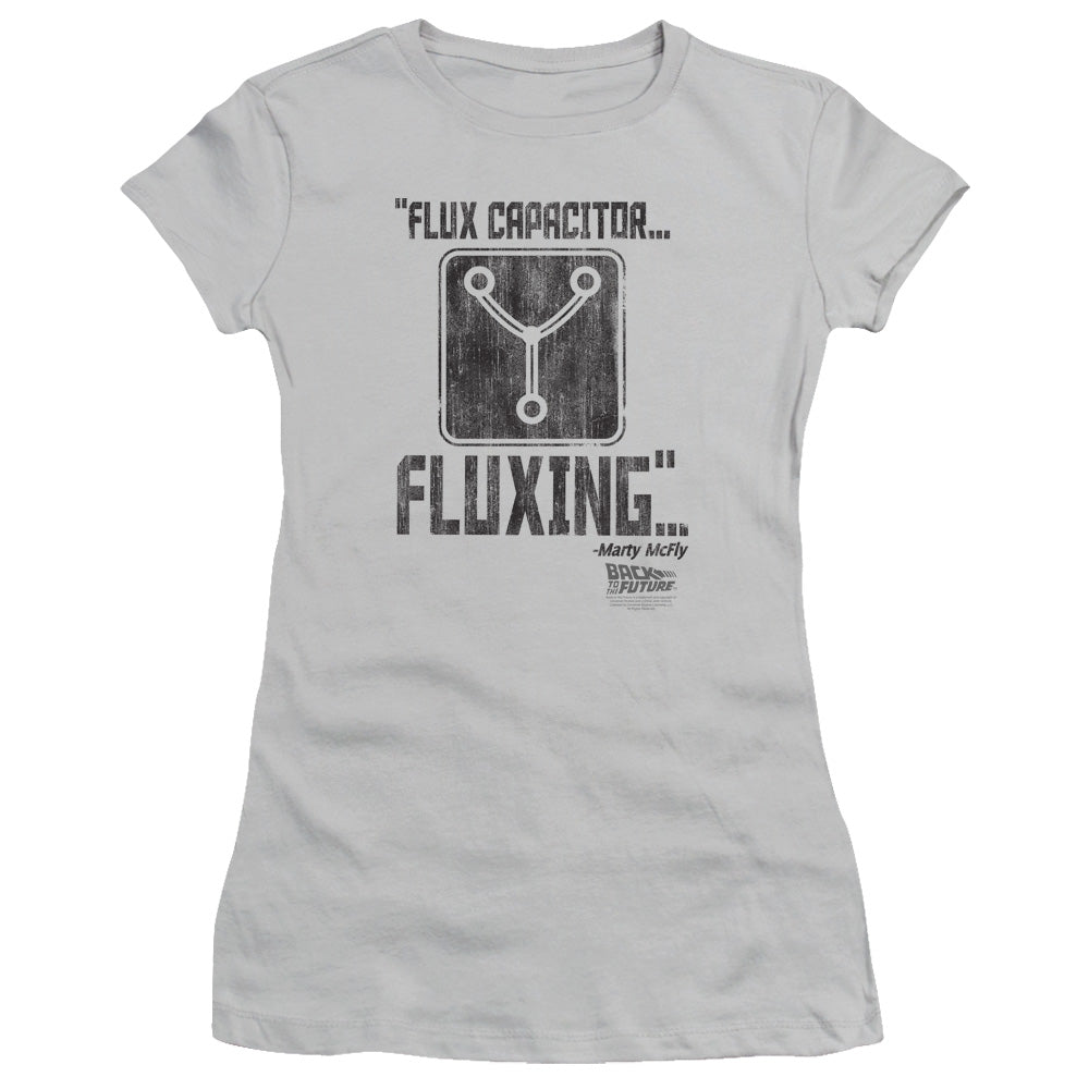 Back To The Future Fluxing Junior Sheer Cap Sleeve Womens T Shirt Silver - clothing by TeeHivey.com