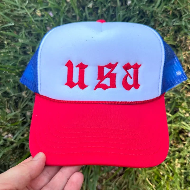 USA Embroidered Foam Trucker Red White and Blue Hat 4th of July Hat
